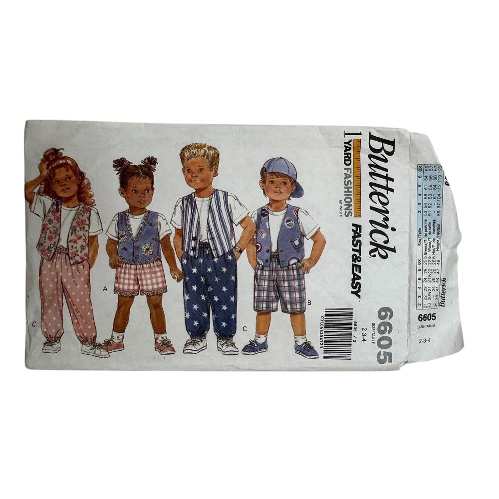 Vintage BUTTERICK Kids Vest Tee Shorts Pants Pattern #6605 1993 Sz 2-3-4 Unisex